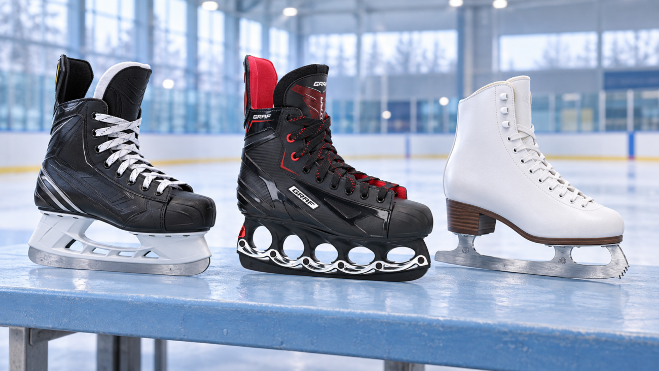 Hockey-Schlittschuh mit Stahlkufe, GRAF Ultra G875 mit t-blade-System und weißer Eiskunstlaufschuh nebeneinander.