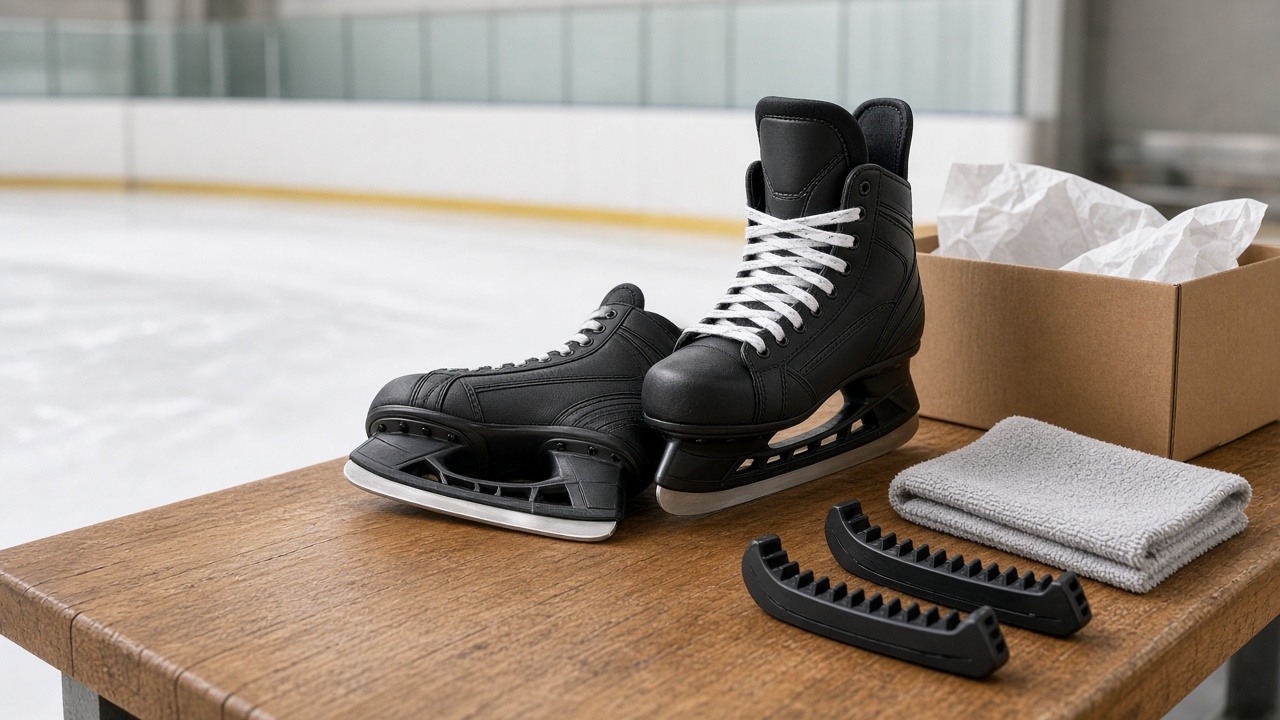 Neue schwarze Eishockey-Schlittschuhe mit Kufenschonern und Handtuch auf einer Bank am Eisrand als Headerbild für die Checkliste vor der ersten Eiszeit.