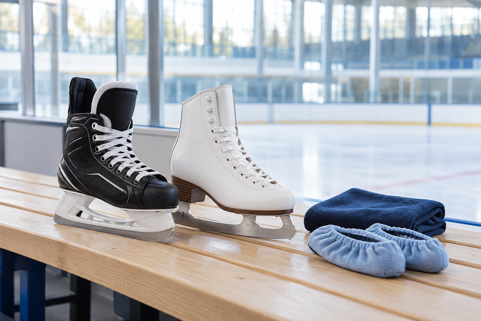 Hockey- und Eiskunstlaufschlittschuhe mit Trockentuch und weichen Kufenschonern auf einer Bank.