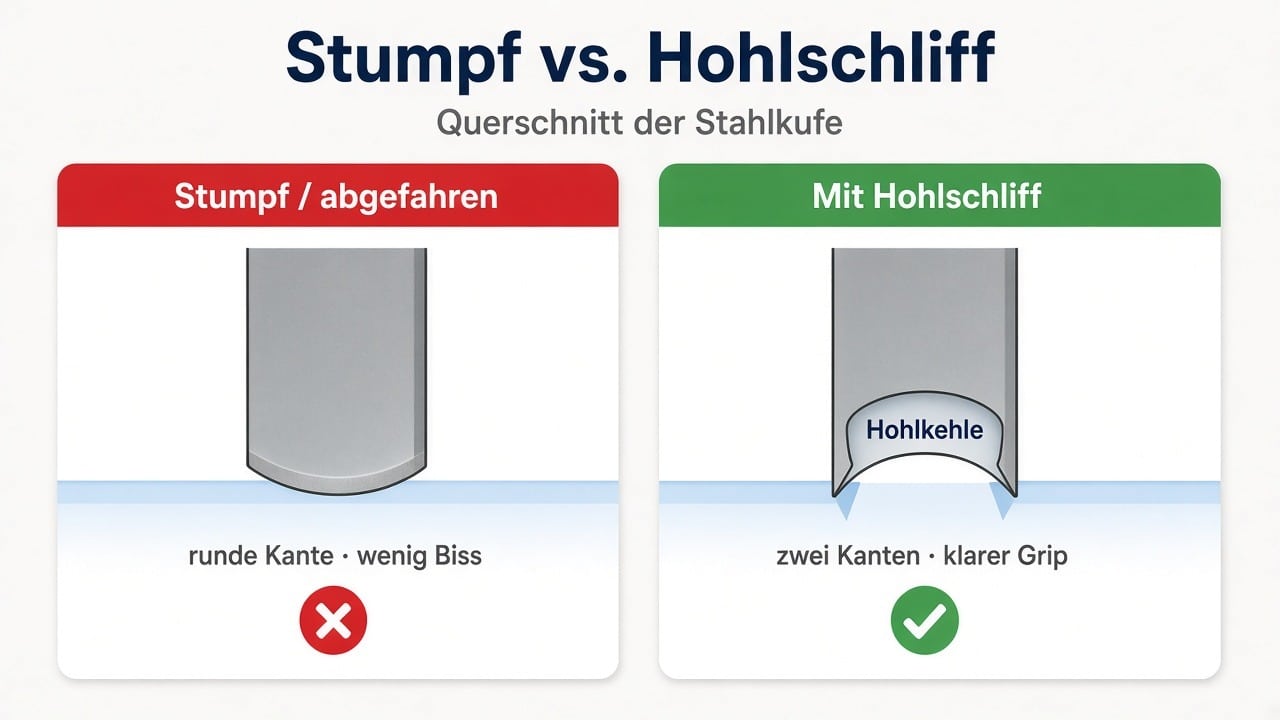 Schlittschuhe schleifen lassen: Wann, wie oft und welchen Hohlschliff? Infografik: stumpfe abgefahrene Stahlkufe mit runder Kante im Vergleich zu Hohlschliff mit Hohlkehle und zwei scharfen Kanten für besseren Kantenhalt