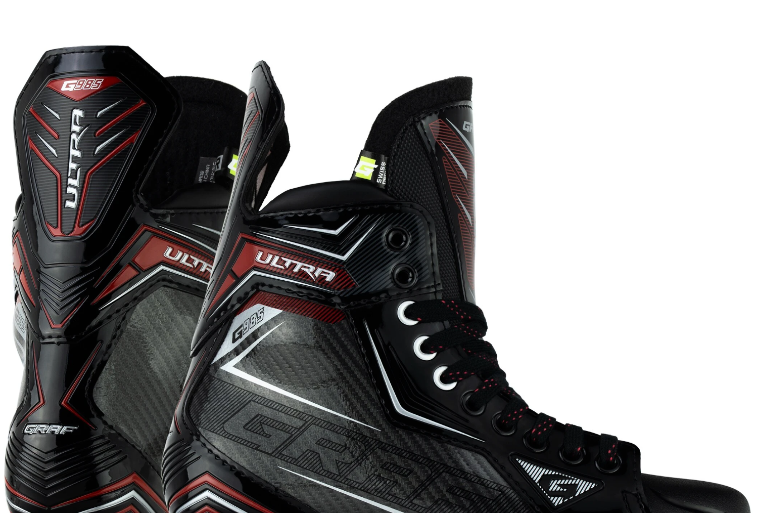 GRAF Ultra G985 Schlittschuh Schwarz/Rot Seven 77 Youth Variantenneutrale echte Bootansicht; Holder bewusst nicht gezeigt; visuelle Finalisierung später.