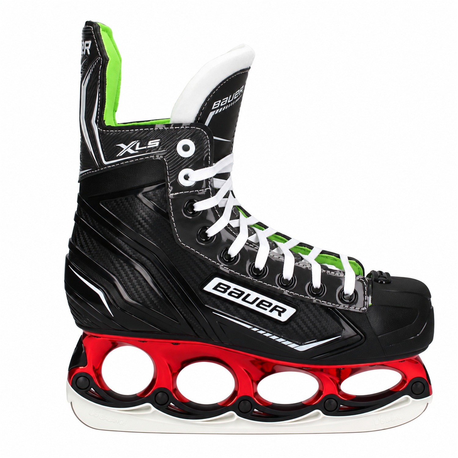 Bauer X-LS Metallic-Rot – Seitenansicht Bauer X-LS T-Blade Schlittschuh Schwarz/Grün-Metallic-Rot – US 7.5 / EU 40.5 – Bild 1