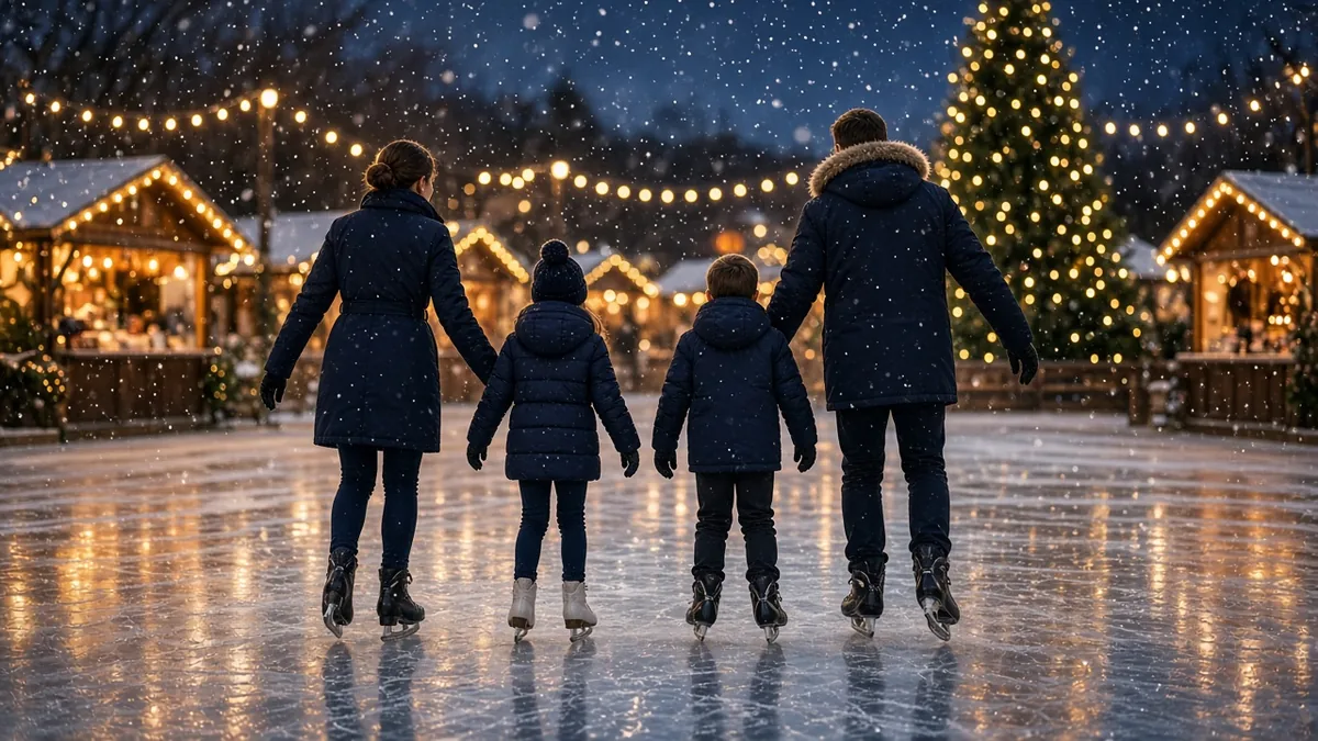 Schlittschuhe verschenken: Der Geschenk-Guide für Weihnachten Familie läuft auf einer weihnachtlichen Eisbahn Schlittschuh – Schlittschuhe verschenken zu Weihnachten