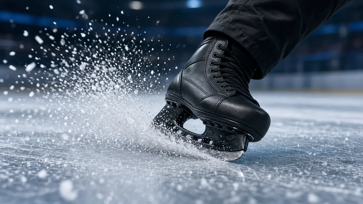 Schlittschuhe schleifen oder t-blade? Stahlkufe und Wechselkufe im Vergleich Eishockey-Schlittschuh beim scharfen Abstoppen, die Kufe wirbelt Eis auf – Stahlkufe oder t-blade