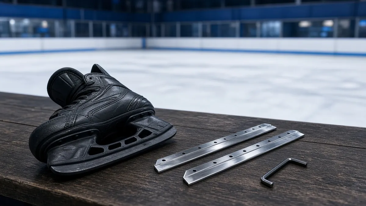 Eishockey-Schlittschuh mit leerem Halter neben zwei neuen Ersatzkufen auf der Bank an der Eisbahn – Kufen für Schlittschuhe